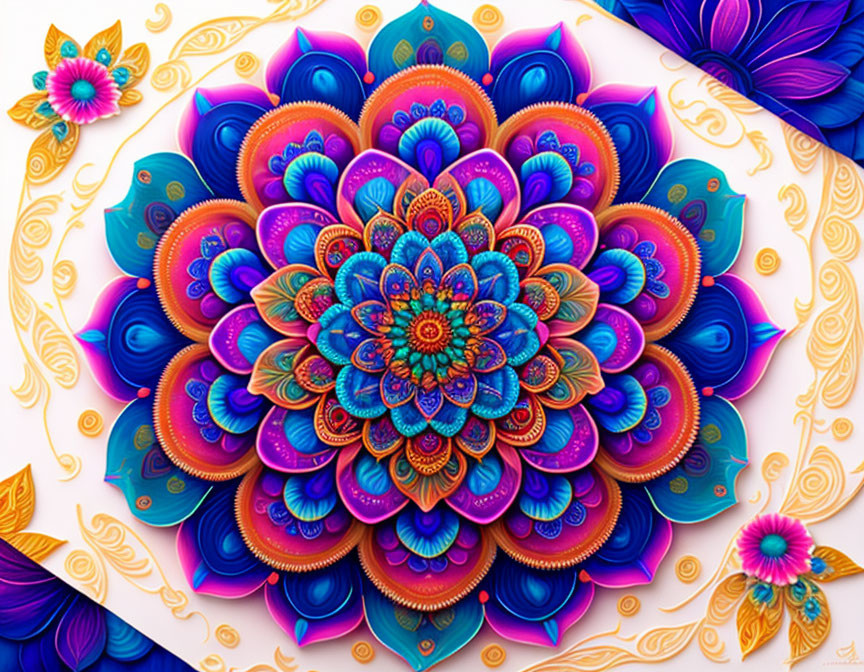 Colorful Mandala with Blue, Purple, Orange Petals and Gold Accents