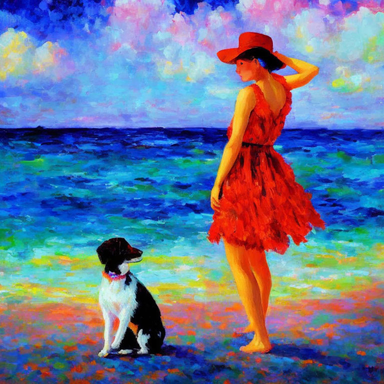 Woman in red dress and hat by the sea with dog in vibrant colors
