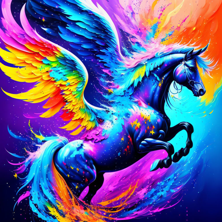 Colorful Mythical Winged Horse Artwork in Neon Spectrum on Cosmic Blue Background