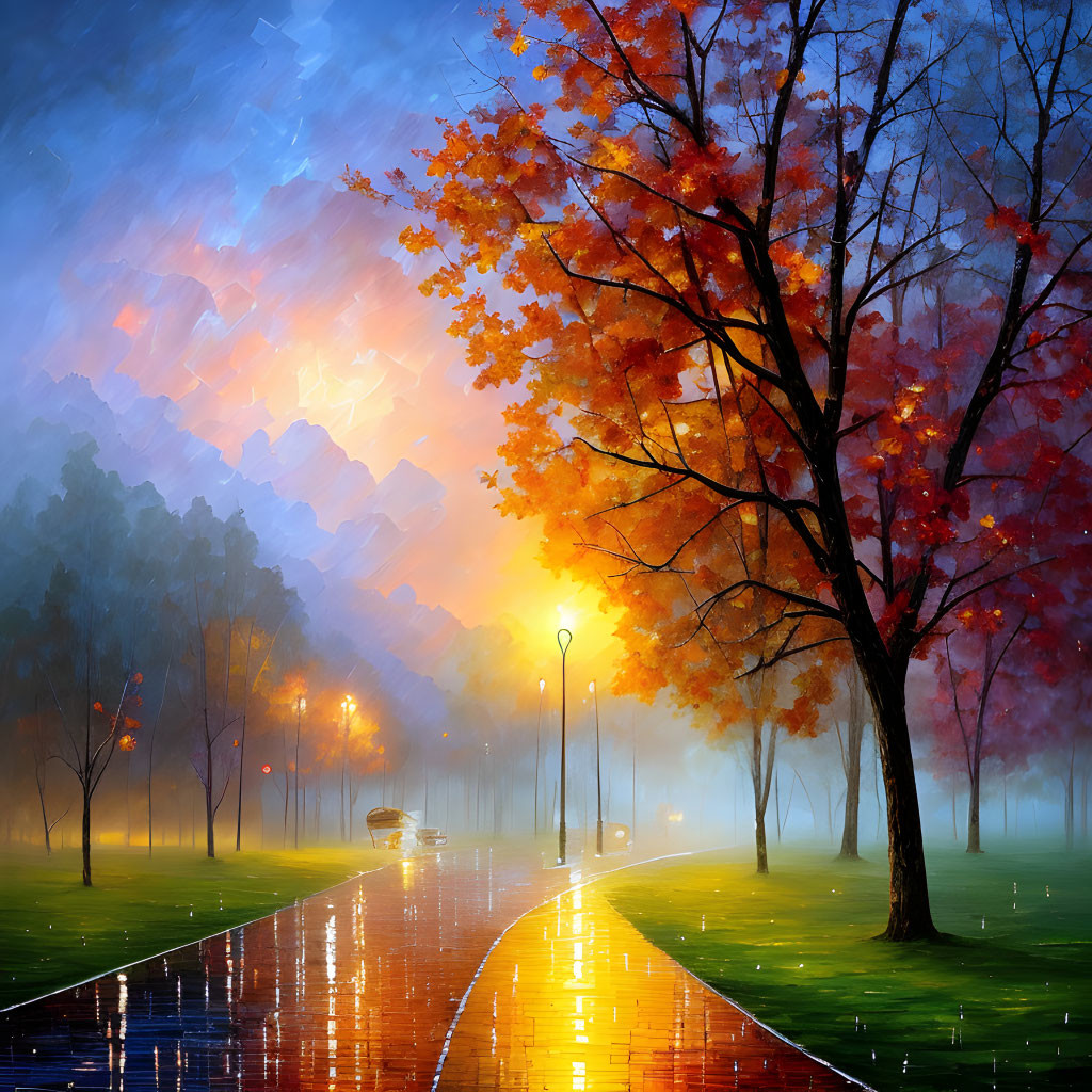 Twilight autumn park scene with rain, glowing lamps, colorful trees