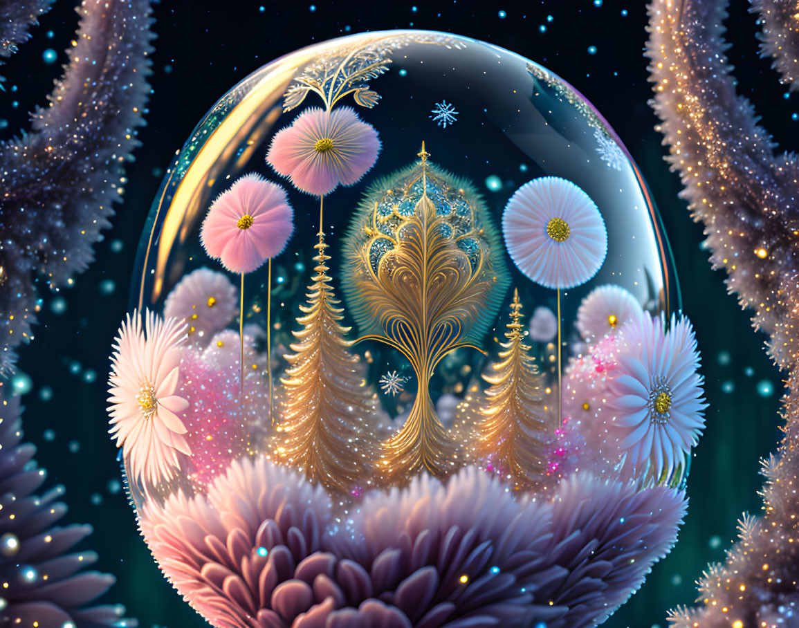 Fantastical glowing golden tree in transparent bubble with whimsical flowers and stars.