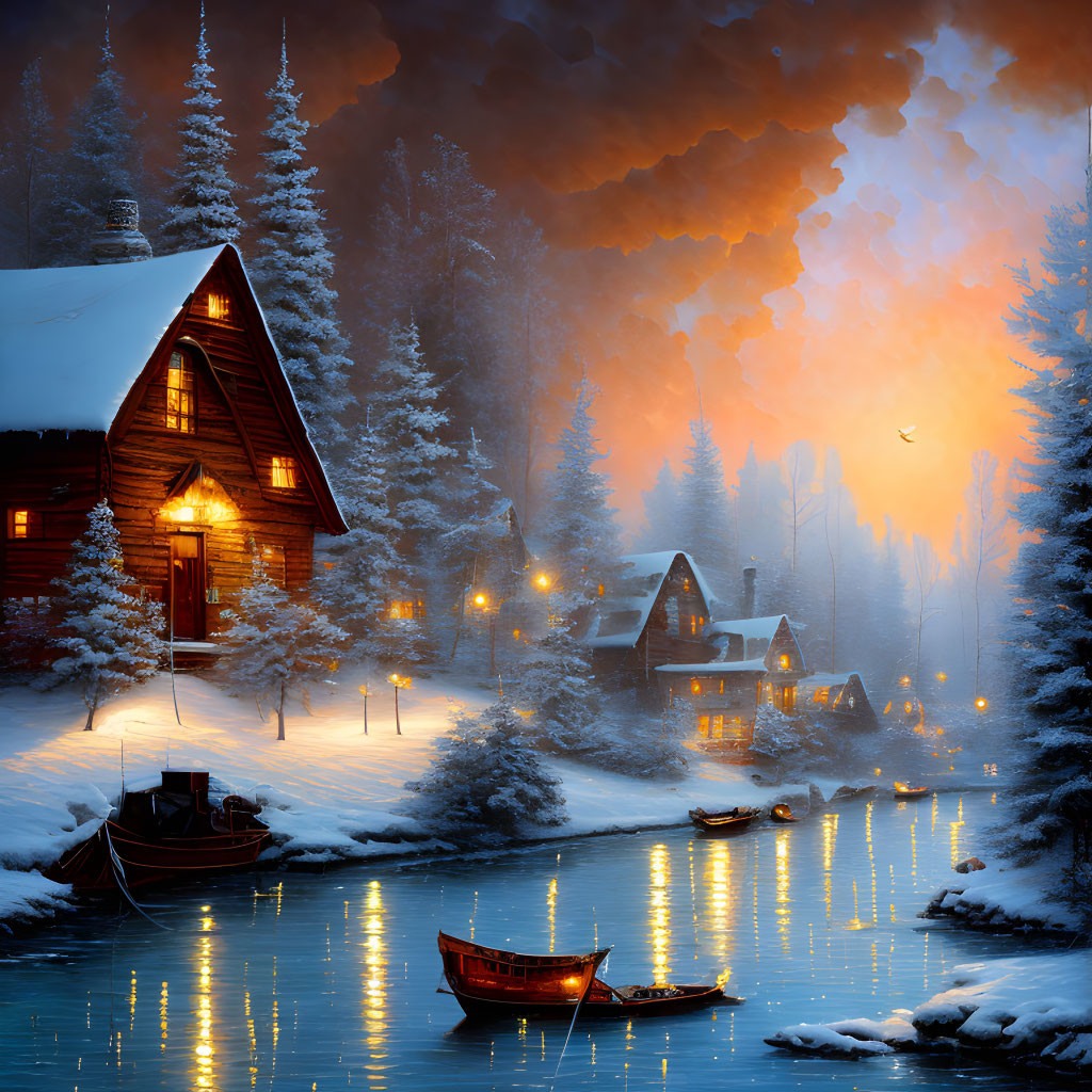 Snow-covered cabins, boats on river in winter sunset scene