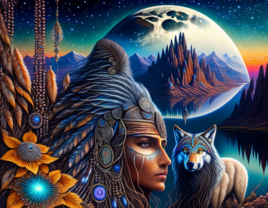 Colorful painting of woman in Native American headdress with wolf, mountains, full moon, and glowing