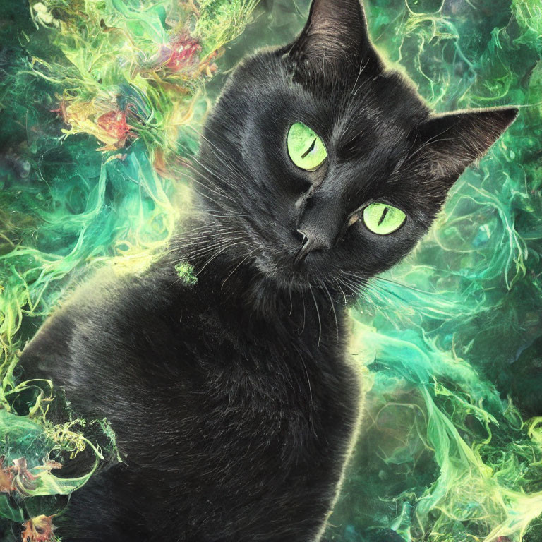 Black Cat with Green Eyes in Colorful Smoky Background