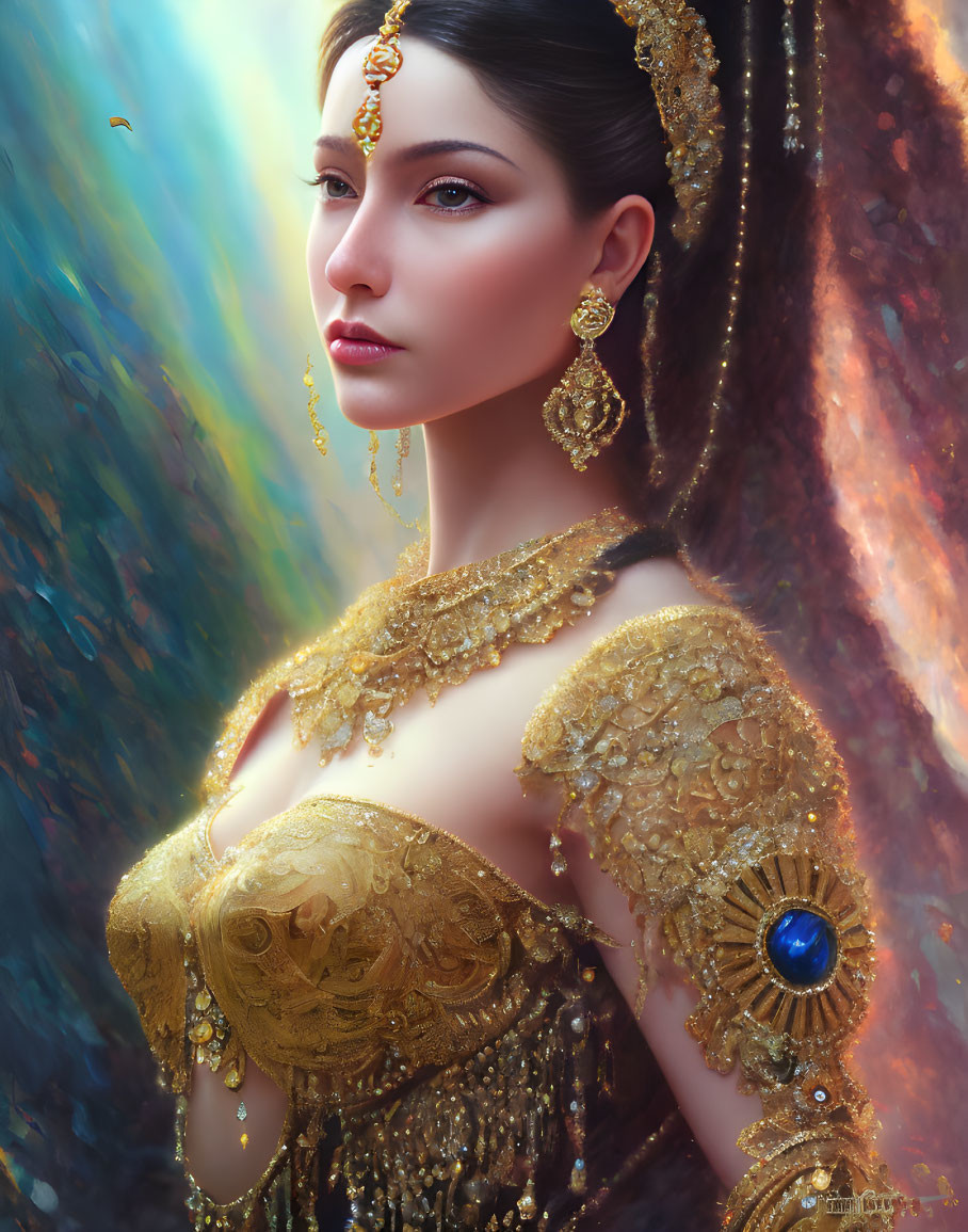 Digital artwork of woman in golden jewelry and sapphire attire on radiant backdrop
