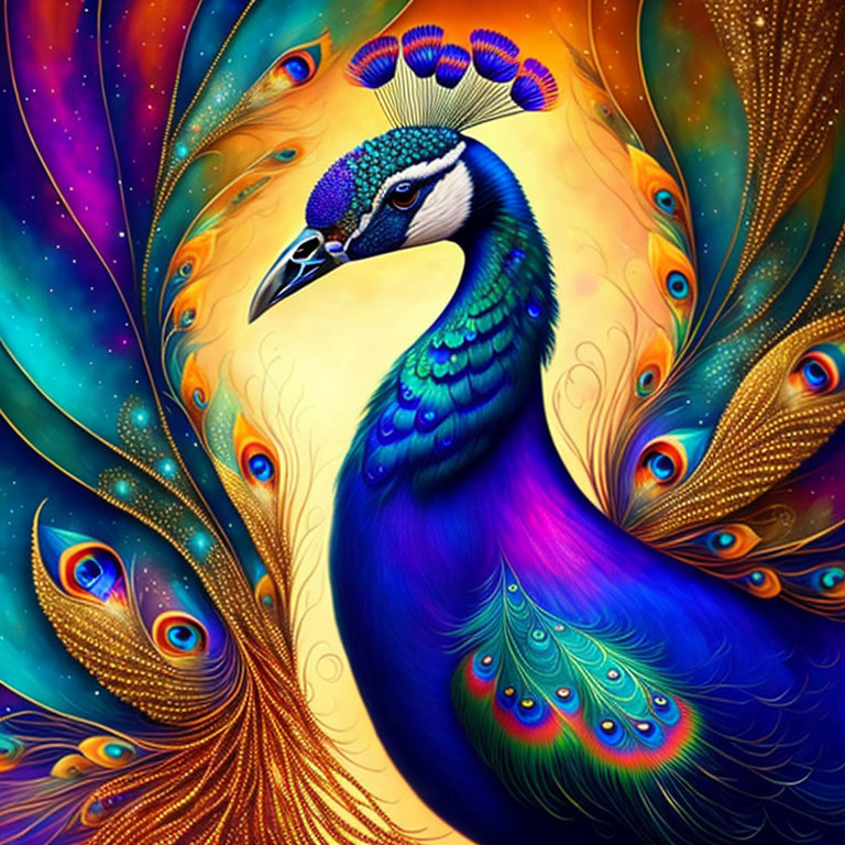 Colorful digital artwork: Peacock with spread plume in blue, green, and gold