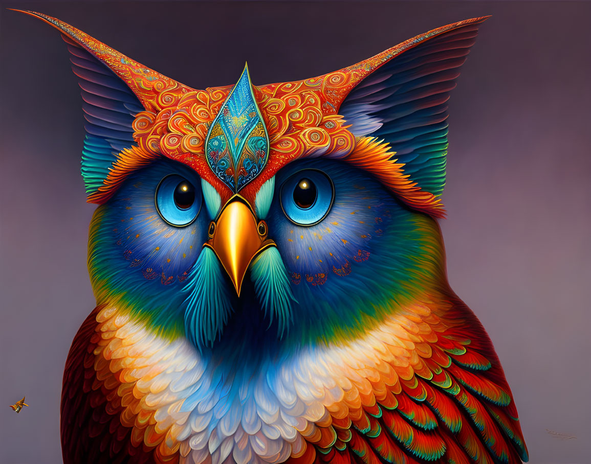 Vibrant Owl Artwork with Detailed Patterns and Blue Eyes