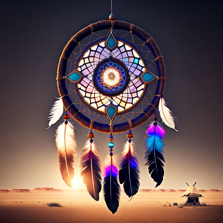 Colorful dreamcatcher with feathers and beads in desert sunrise scene.