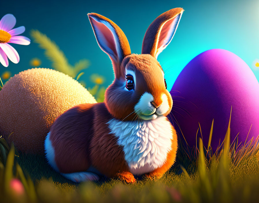 Colorful Easter Scene: Brown Rabbit with Eggs in Meadow