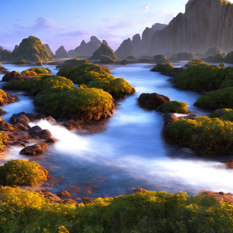 Tranquil river, lush greenery, rocky mountains, golden-hour sky