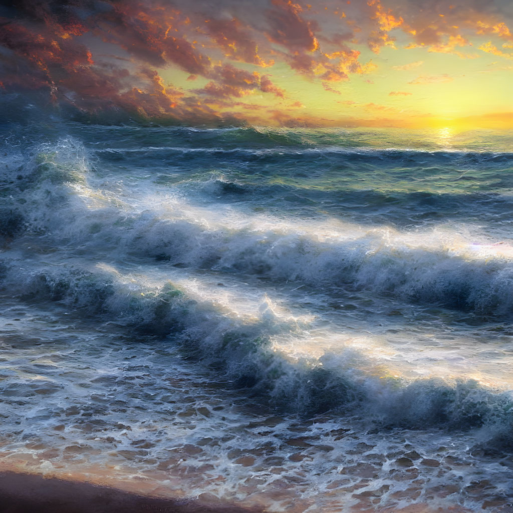 Dramatic sunset with radiant clouds over rough sea waves