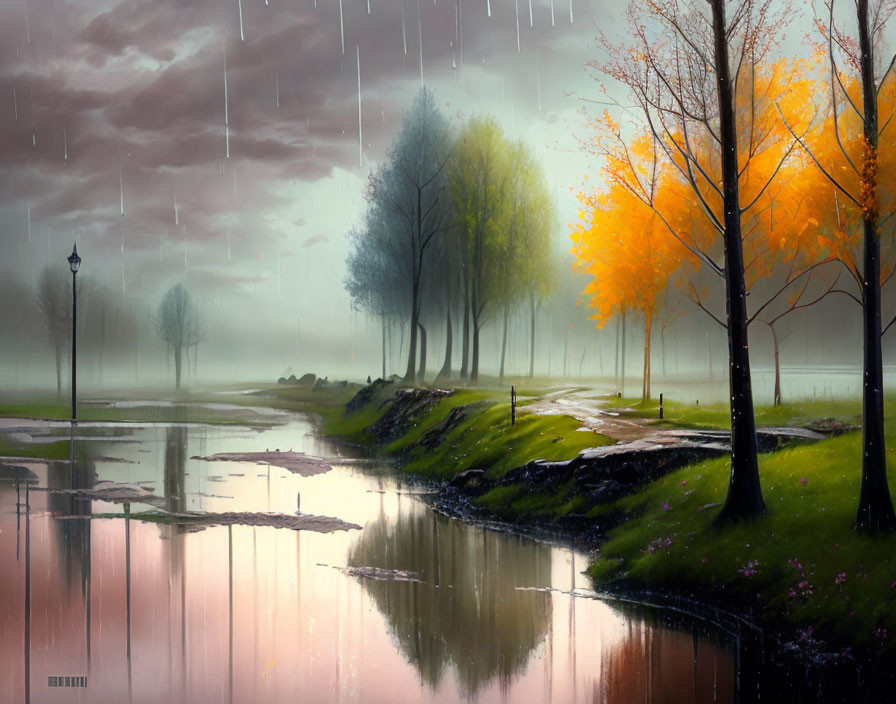 Tranquil autumn landscape with colorful trees, path, lamppost, and rainy sky reflected in