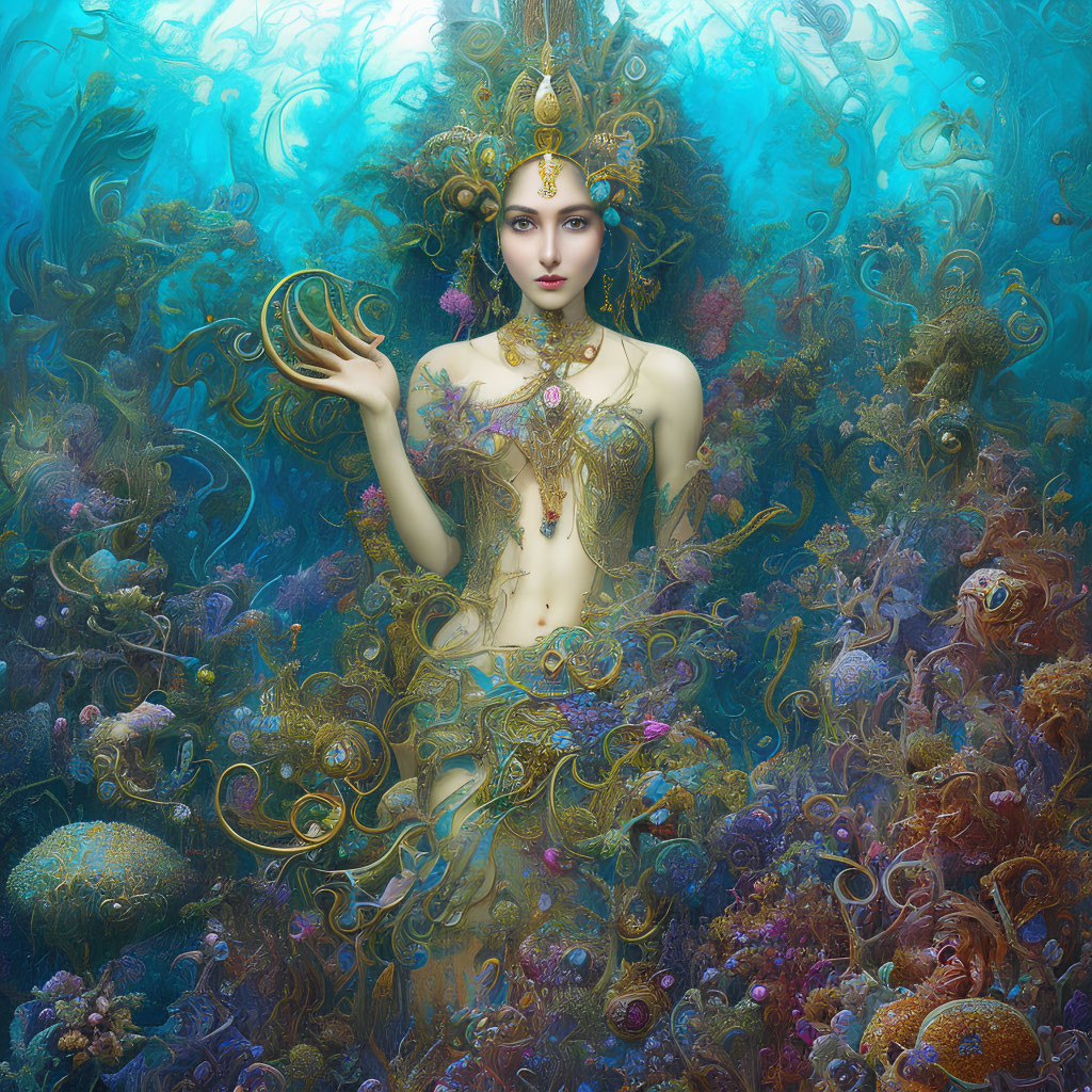 Ethereal figure in ornate golden attire among colorful ocean-like flora and fauna