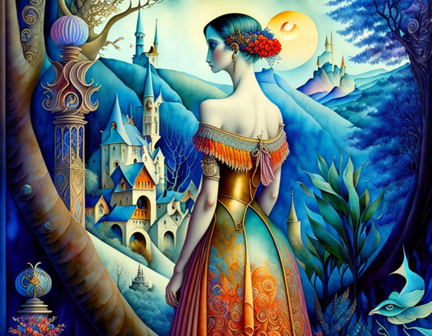 Fantastical artwork featuring woman, castle, moon & landscapes