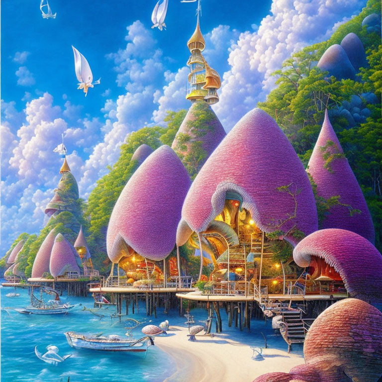 Coastal Village with Mushroom Houses, Golden Spire, Boats, and Seabirds