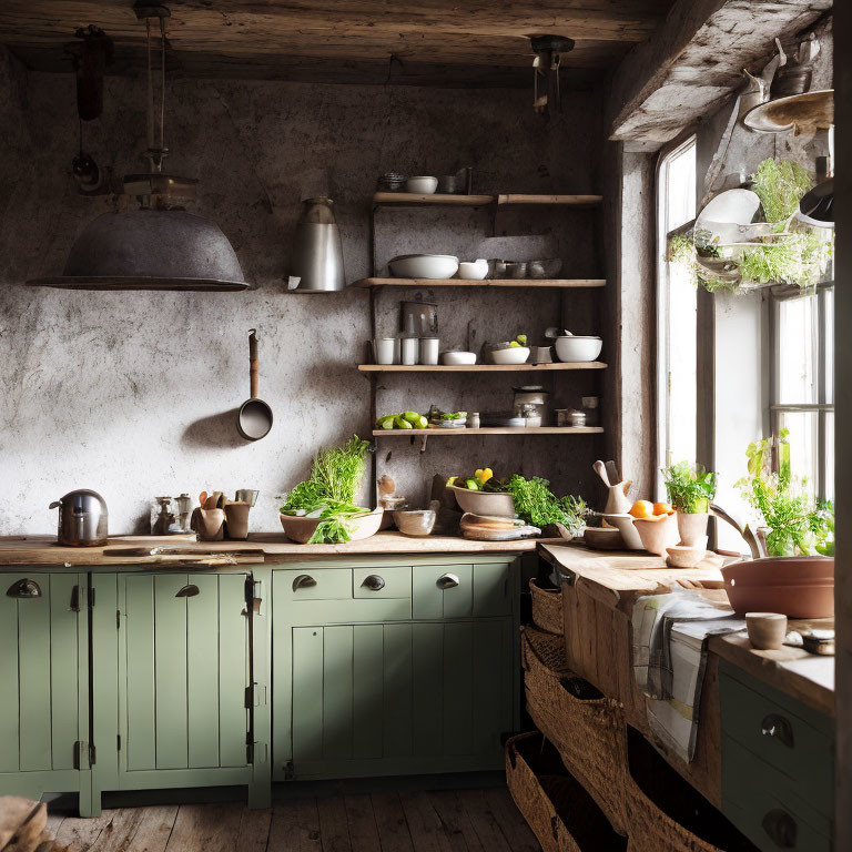 Rustic kitchen with green cabinets, wooden countertops, open shelving, and hanging metallic lamps