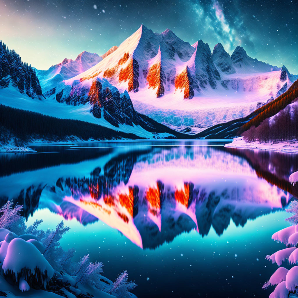 Snow-covered mountain range reflected in serene lake under twilight sky with pink hues