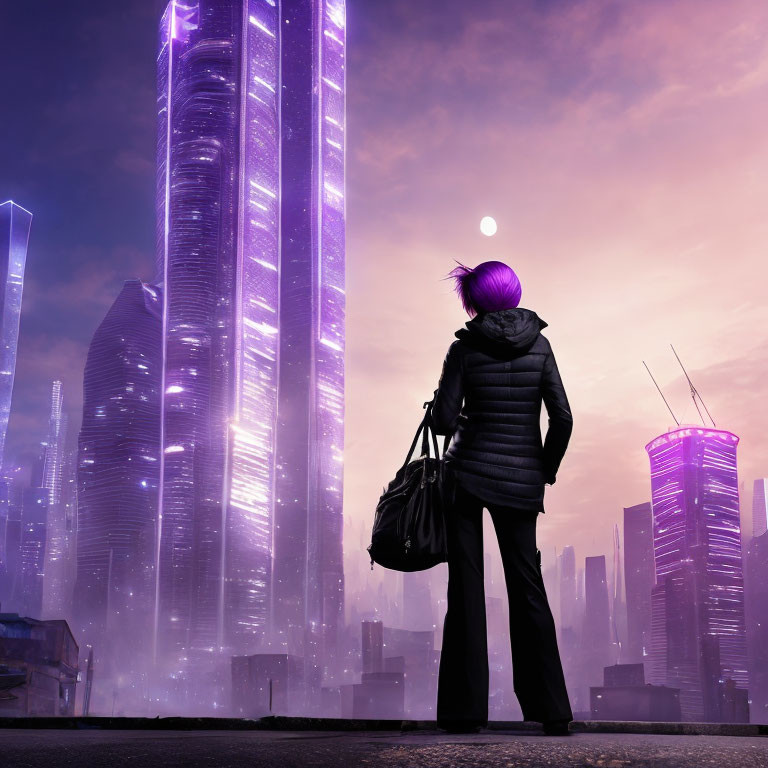 Futuristic cityscape with glowing purple skyscrapers at dusk
