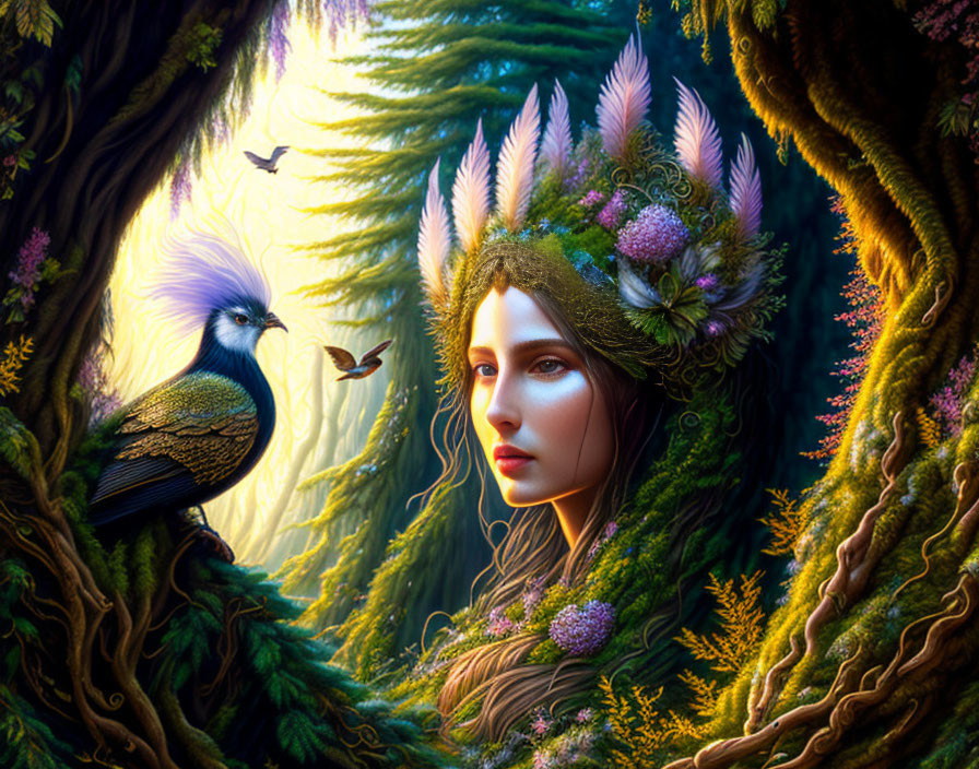 Woman in feathered headdress in enchanted forest with bird and butterflies