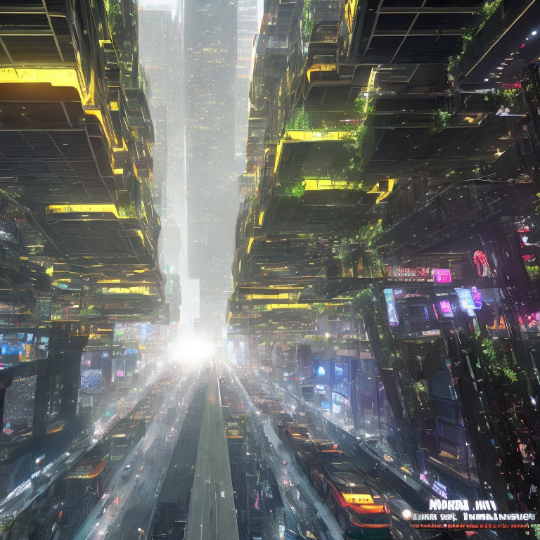 Futuristic Cityscape with Neon Skyscrapers and Traffic
