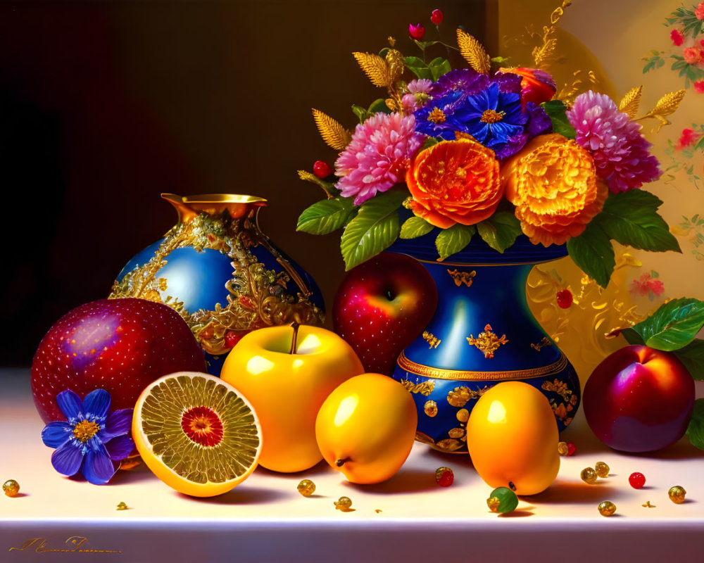 Colorful fruit and flower arrangement with apples, oranges, lemons in a decorative vase