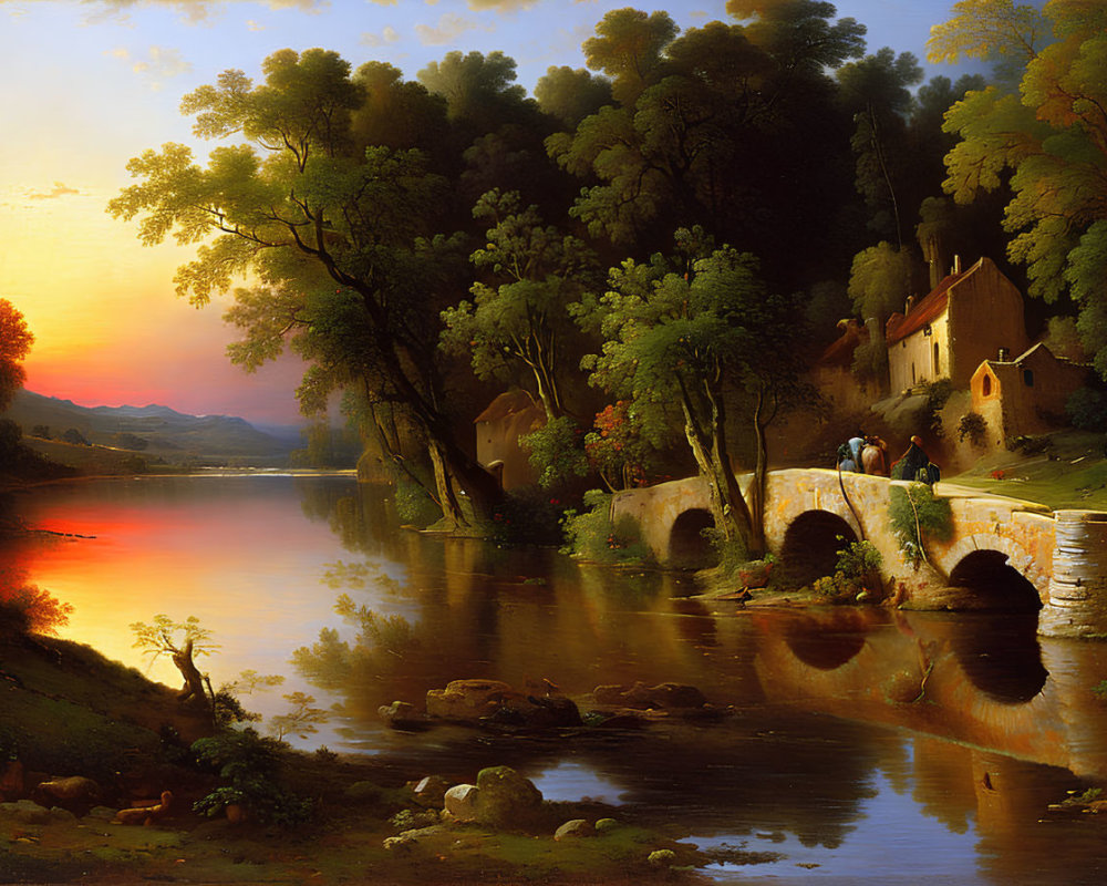 Tranquil sunset landscape with river, bridge, trees, cottage, and people conversing