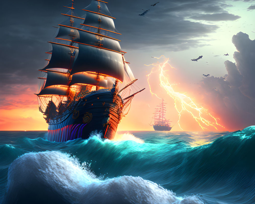 Sailing ship with full sails in stormy seas at sunset