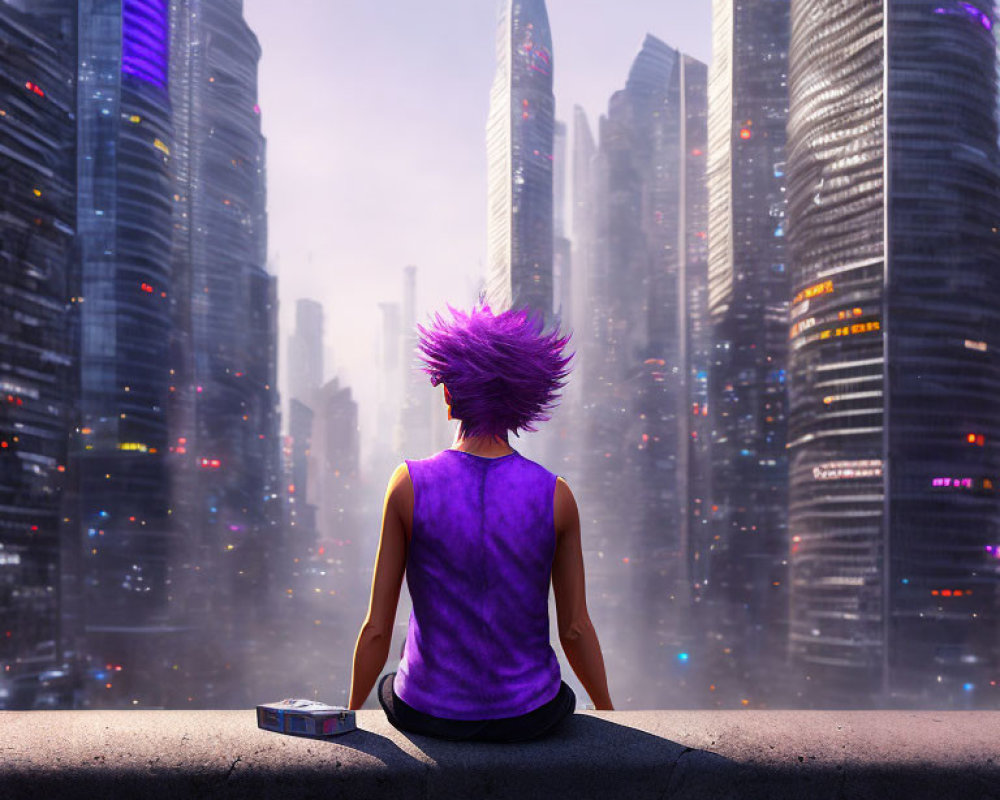 Spiky Purple Hair Figure Observing Futuristic Cityscape