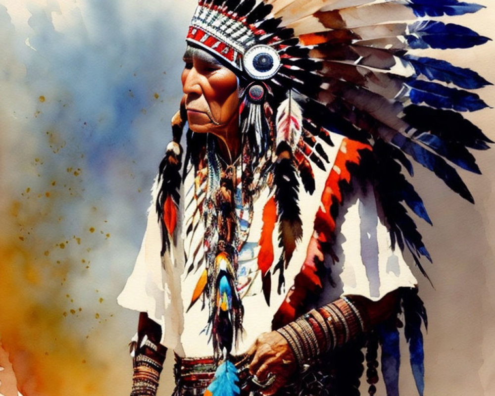 Vibrant watercolor portrait of a Native American chief in traditional attire