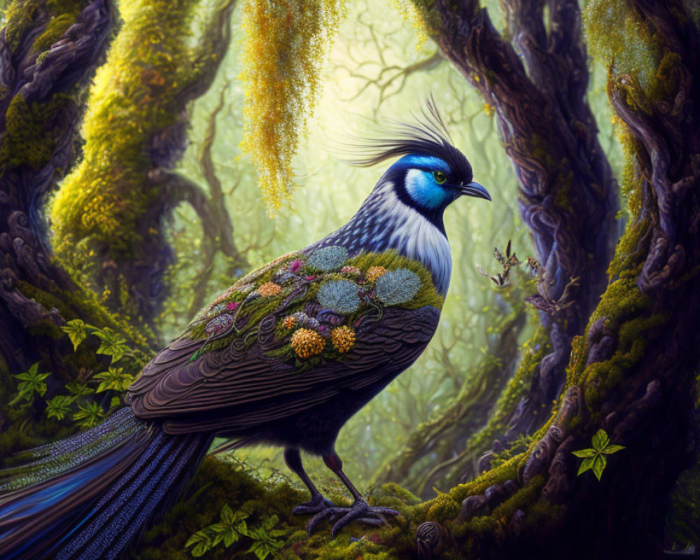 Colorful mythical bird with blue crest in forest setting.