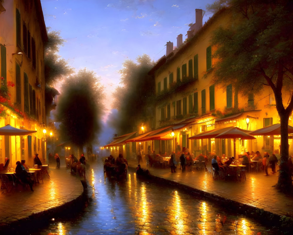 Misty Evening Cobblestone Street with Cafes and Diners