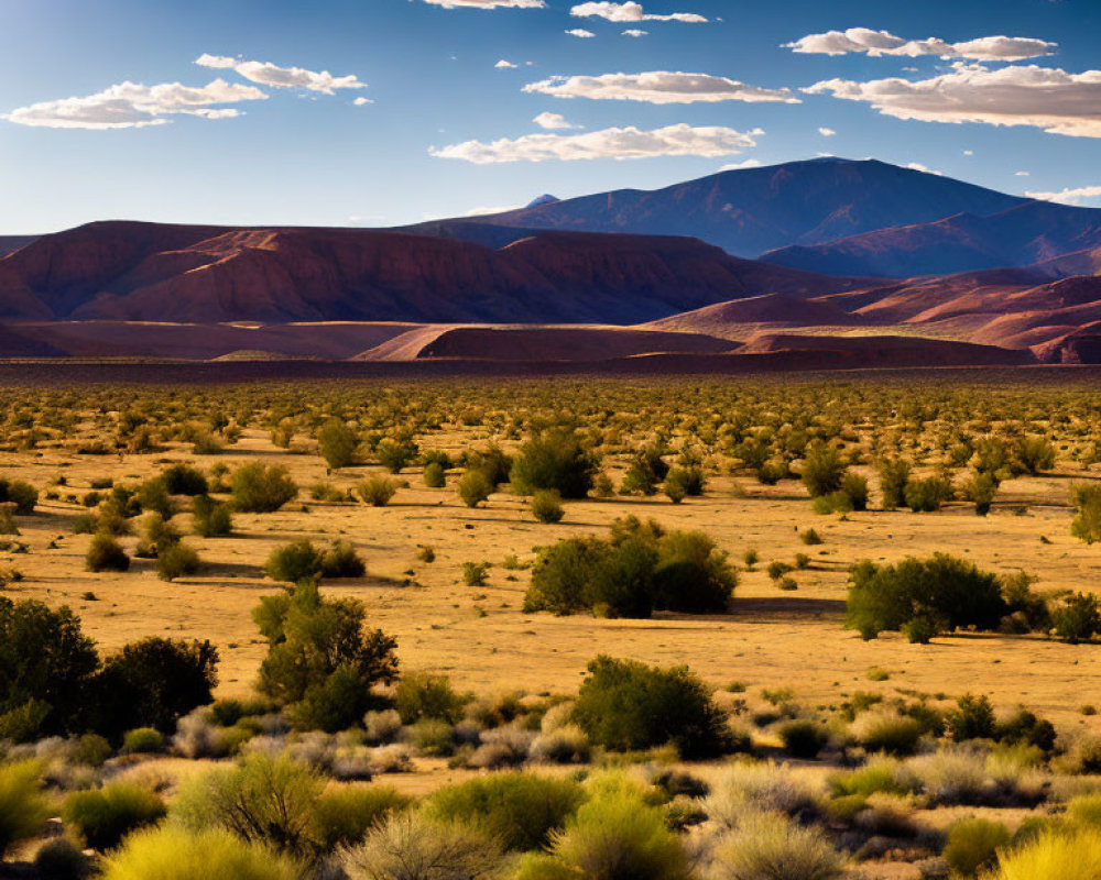 Desert landscape with golden sunlight, shrubbery, and red mountains