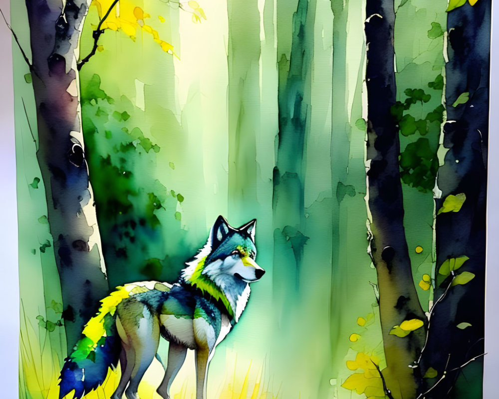 Colorful Watercolor Painting: Wolf in Sunlit Forest Clearing