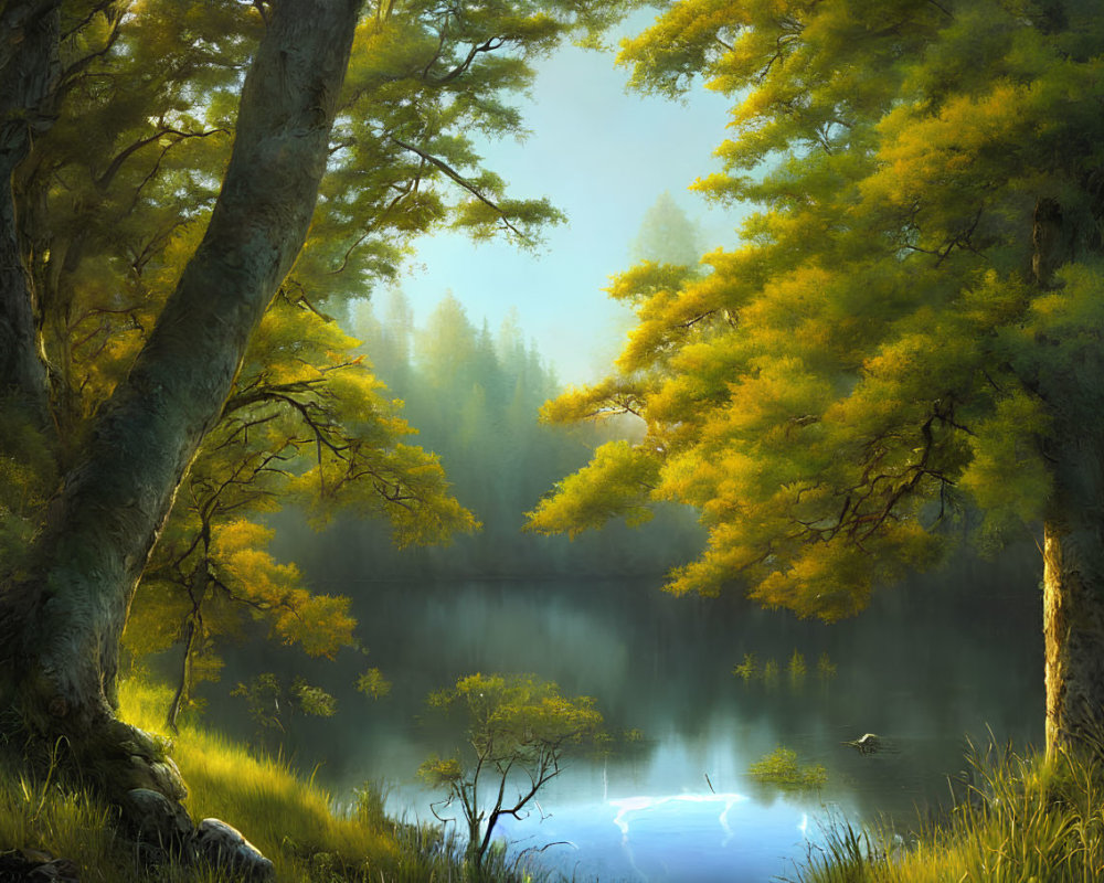 Tranquil forest landscape with golden trees by a lake at sunrise