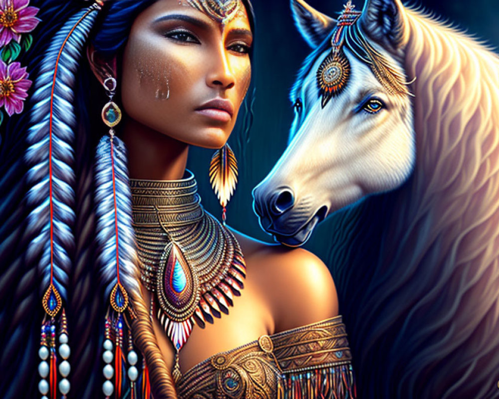 Digital artwork of woman in indigenous attire with white horse