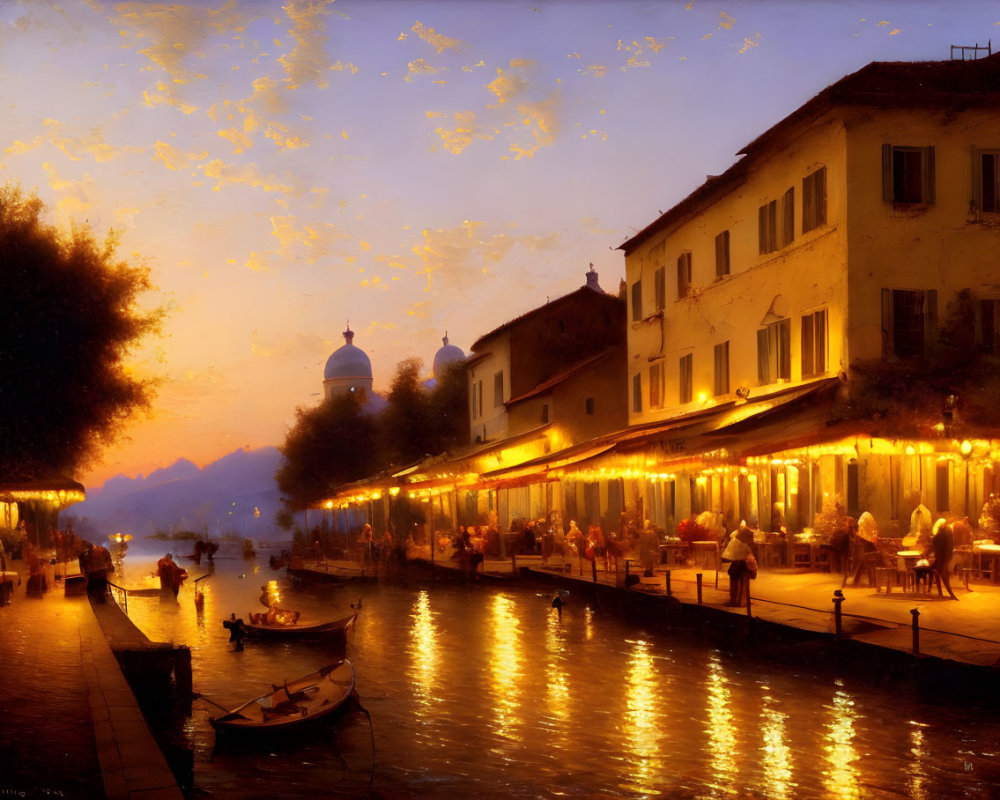 European canal evening scene with outdoor dining, glowing lights, classical architecture, and moored boats