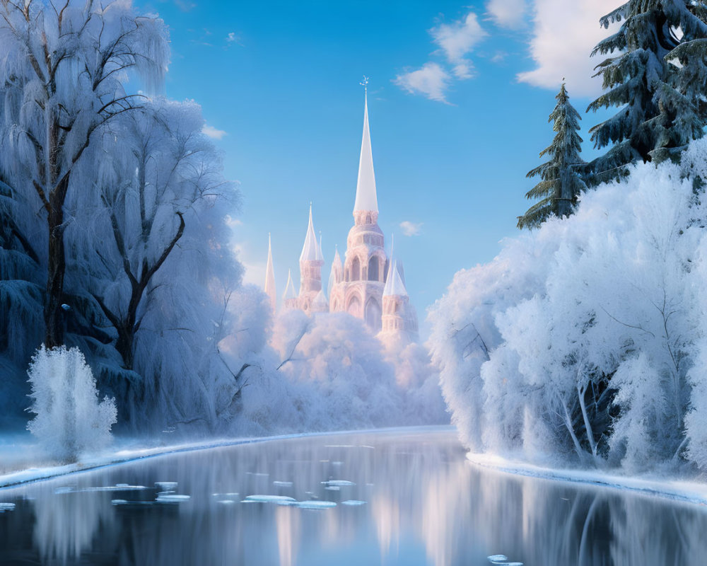 Winter landscape: frost-covered trees, frozen river, castle, clear blue sky
