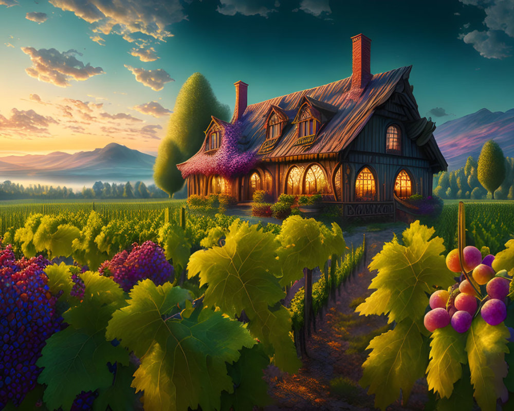 Thatched Roof Cottage in Vineyard at Sunset