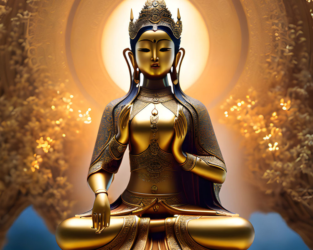 Golden Buddha in Meditation with Glowing Aura and Radiating Circular Pattern
