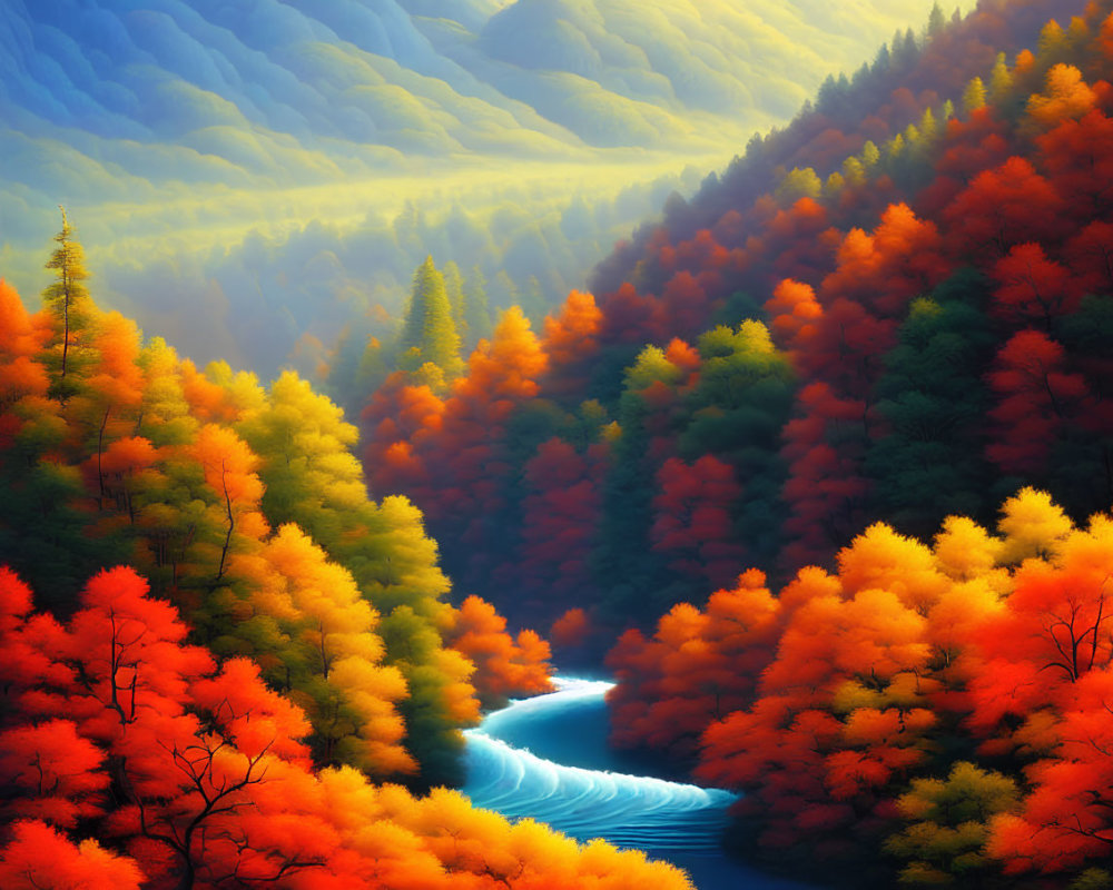 Scenic autumn forest with river in warm hues