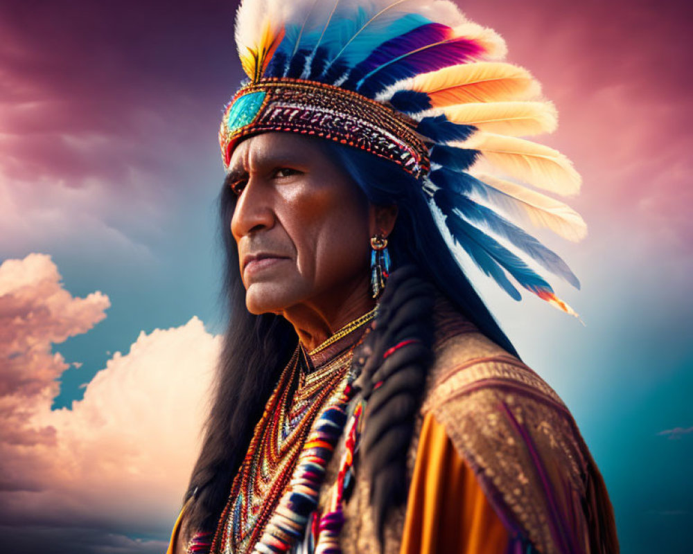Person in Native American headdress and ornate clothing at twilight