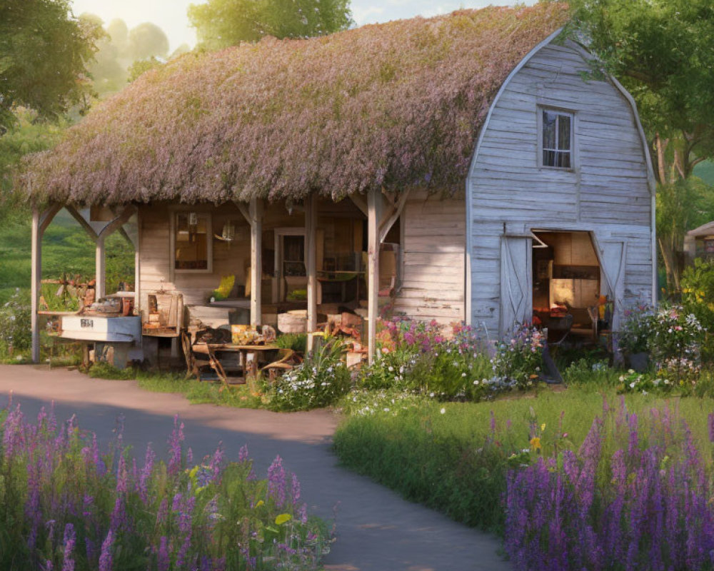 Rustic wooden barn with thatched roof in greenery and wildflowers