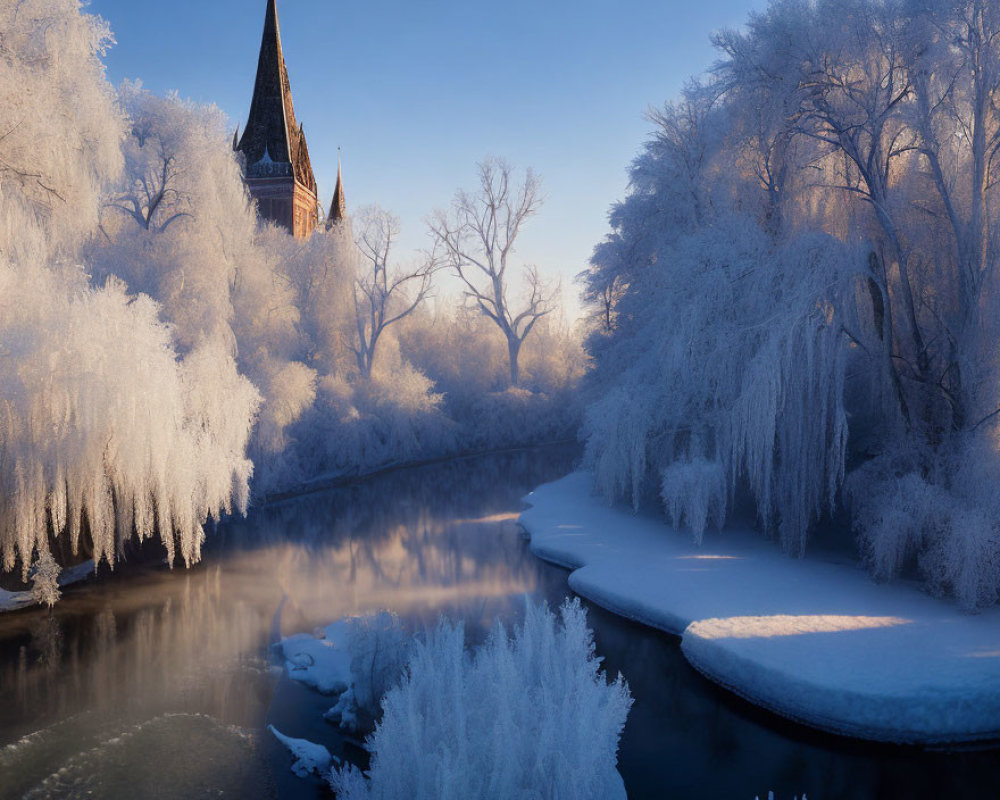Winter landscape: Frost-covered trees by river with church spire and mist at sunrise