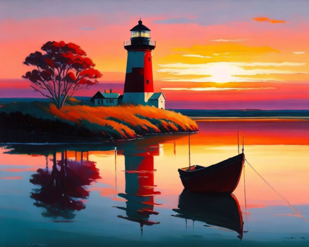 Red Lighthouse Painting: Sunset Scene with Boat and Reflection