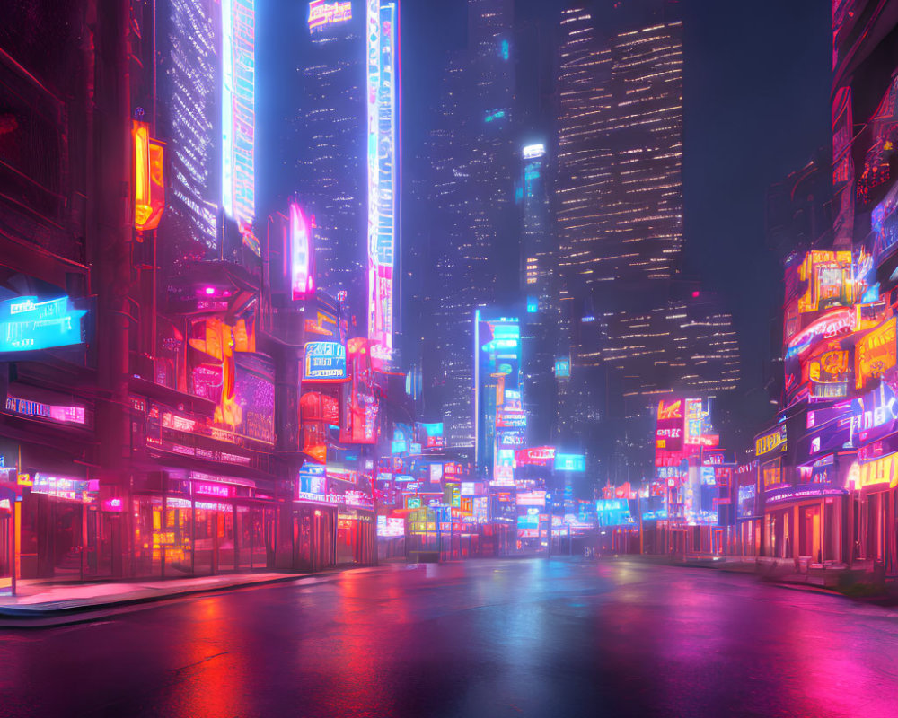 Night Cityscape: Neon-lit street, glowing signs, skyscrapers in mist
