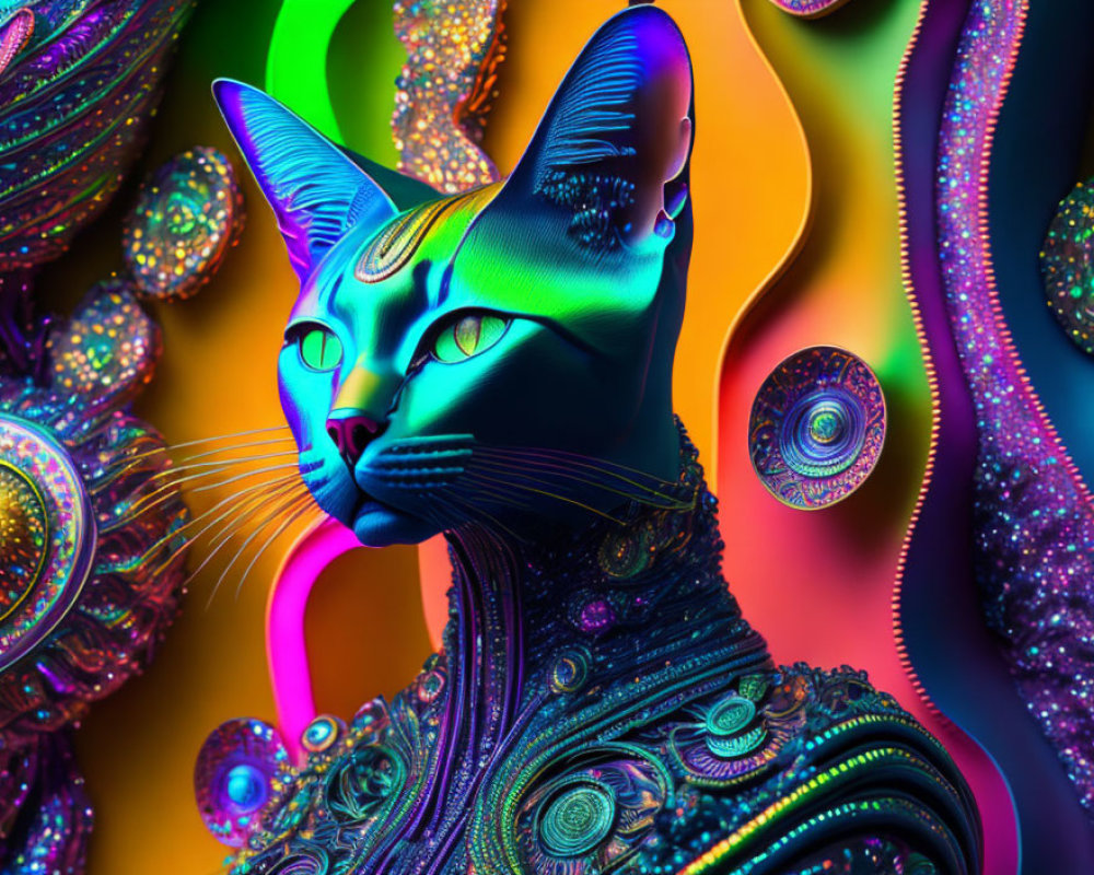 Colorful Stylized Cat Artwork with Psychedelic Background