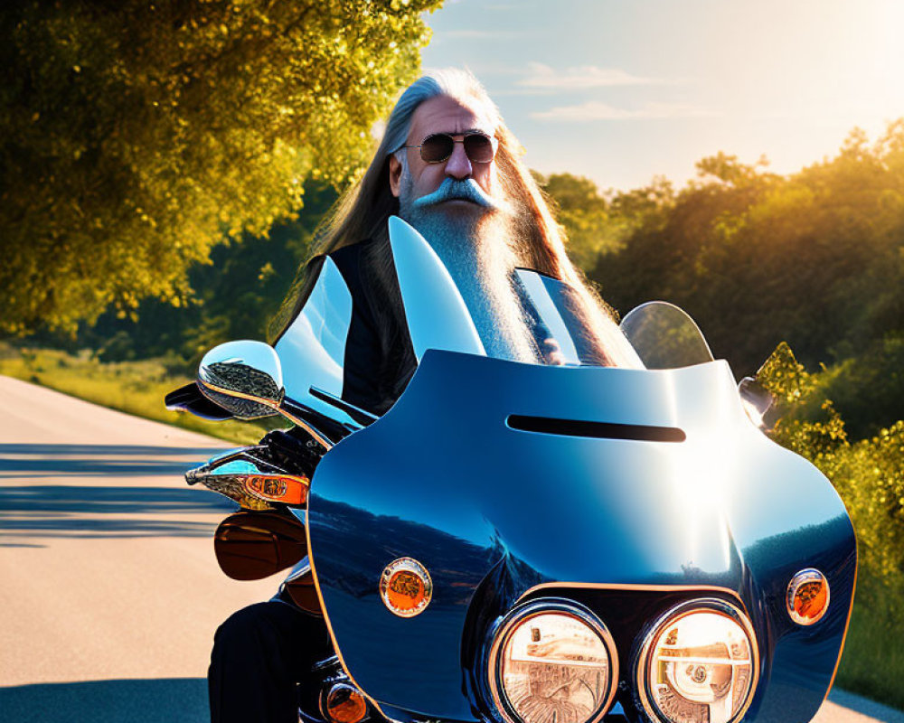 Bearded person on blue motorcycle with sunglasses riding on sunny road
