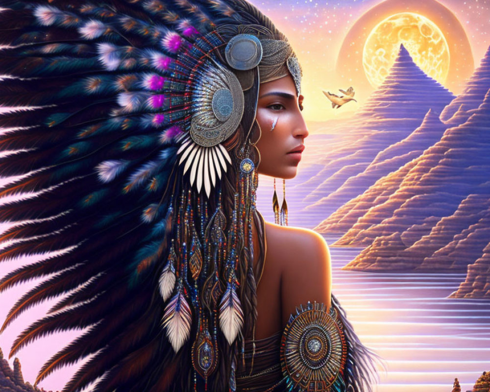 Digital Artwork: Woman with Feather Headdress, Mountains, Moonlit Sky, Eagle