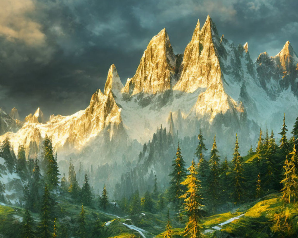 Majestic mountain peaks in golden light with green forests and dramatic sky