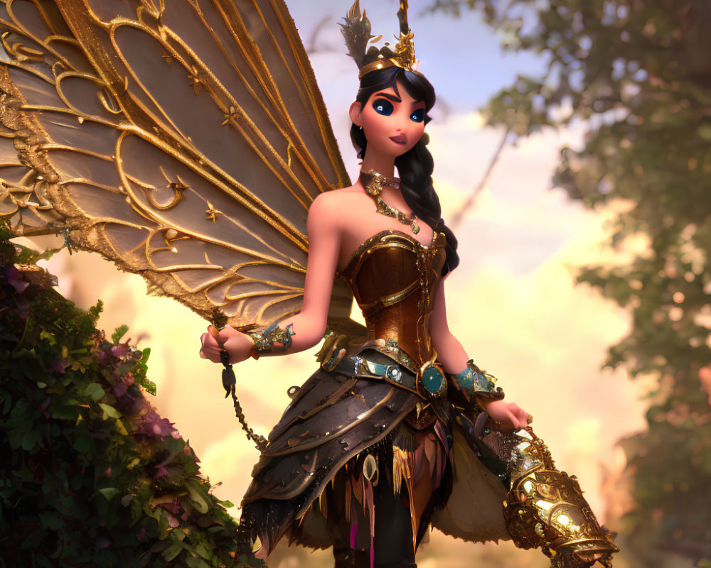 Fantasy female character with golden wings and staff in ornate armor.